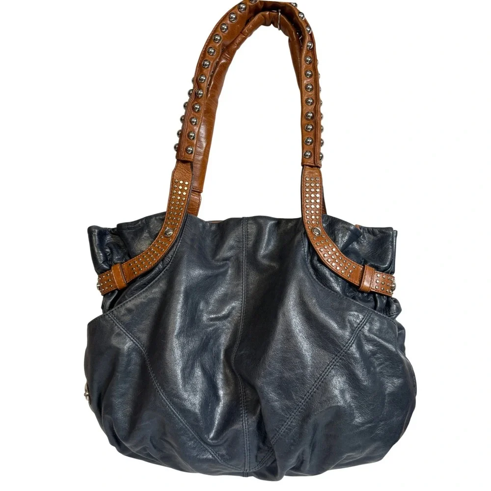 Boho Indie Grunge Navy Blue Leather Studded Hobo Shoulder Bag Large Oversized - Picture 2 of 16